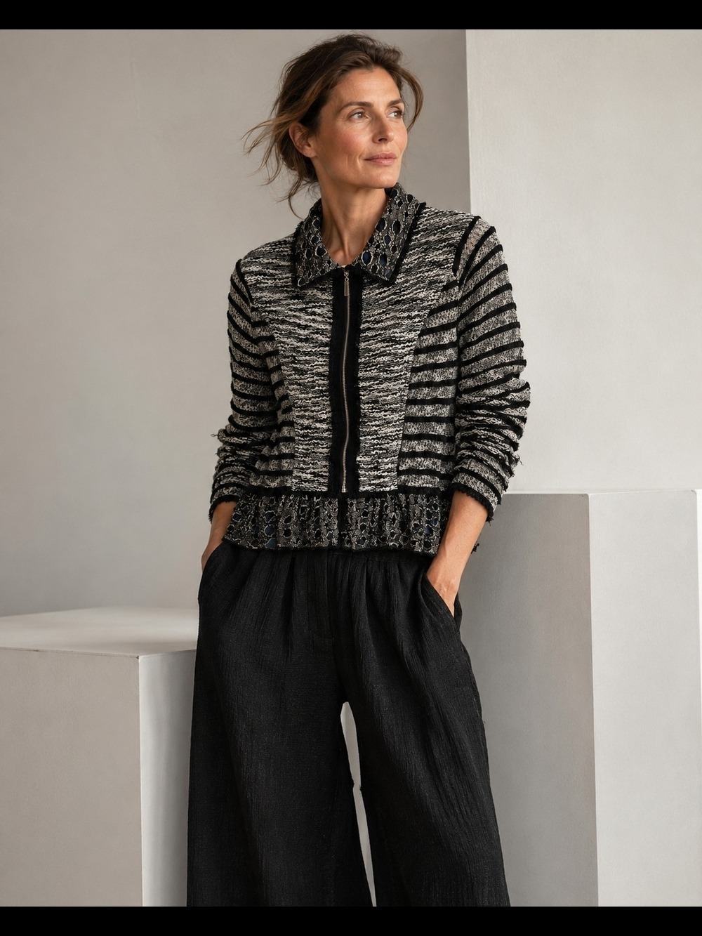 Cativa Textured Knit Zip Jacket M Black White Boho Avant Garde Office Streetwear